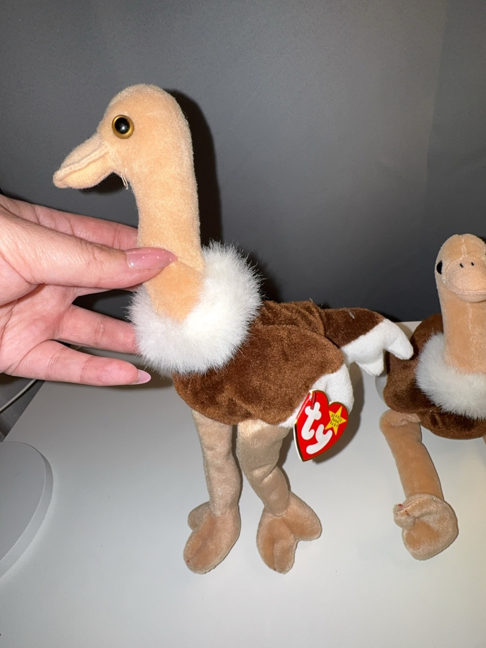Ty Plush Ostrich Twins — Brown & Cream Beanie Pair